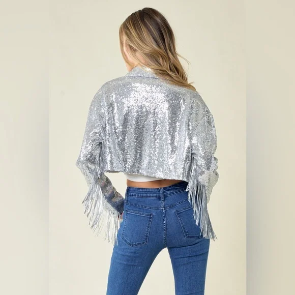 61B. Fringe Sequin Crop Jacket - Silver
